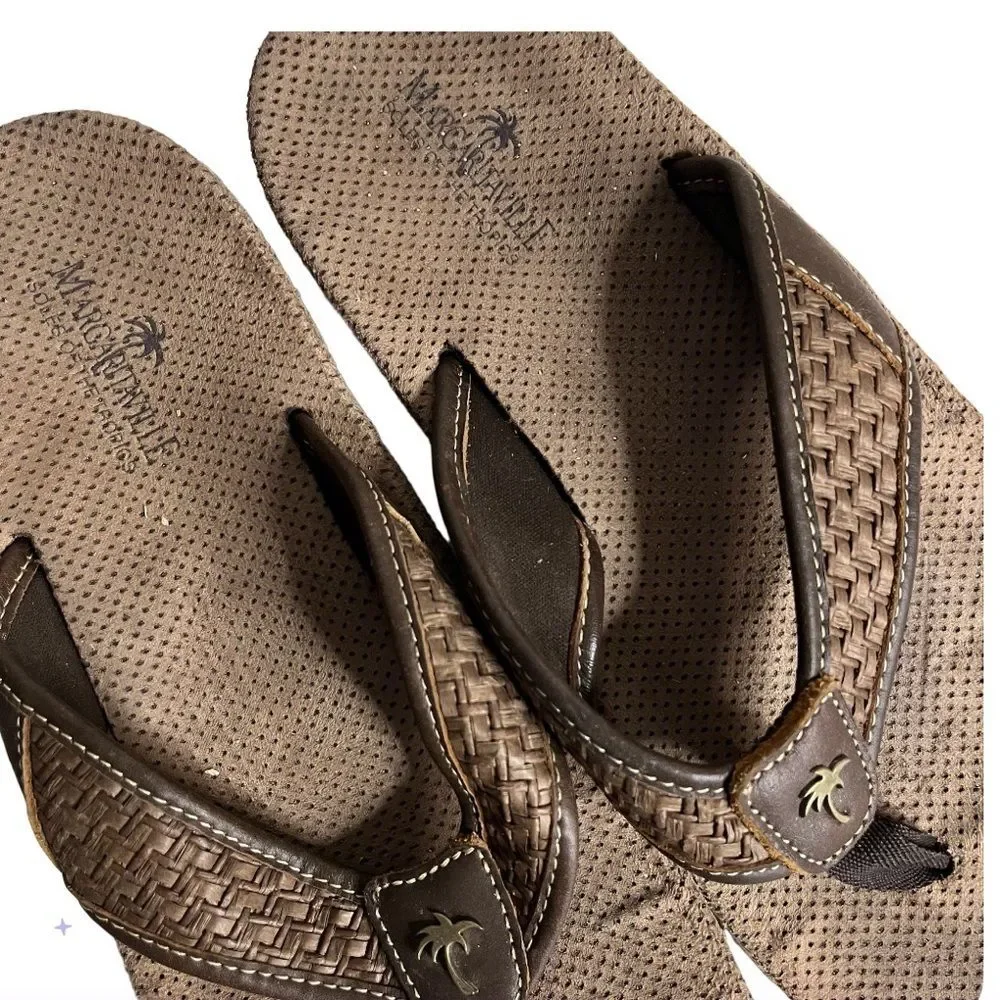 MARGARITAVILLE Flip Flops Thong Sandals Brown Palm Tree Print Sole Mens Size 10